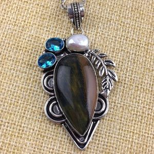 New Tigers Eye Sim Topaz BIWA Pearl Pendant Necklace